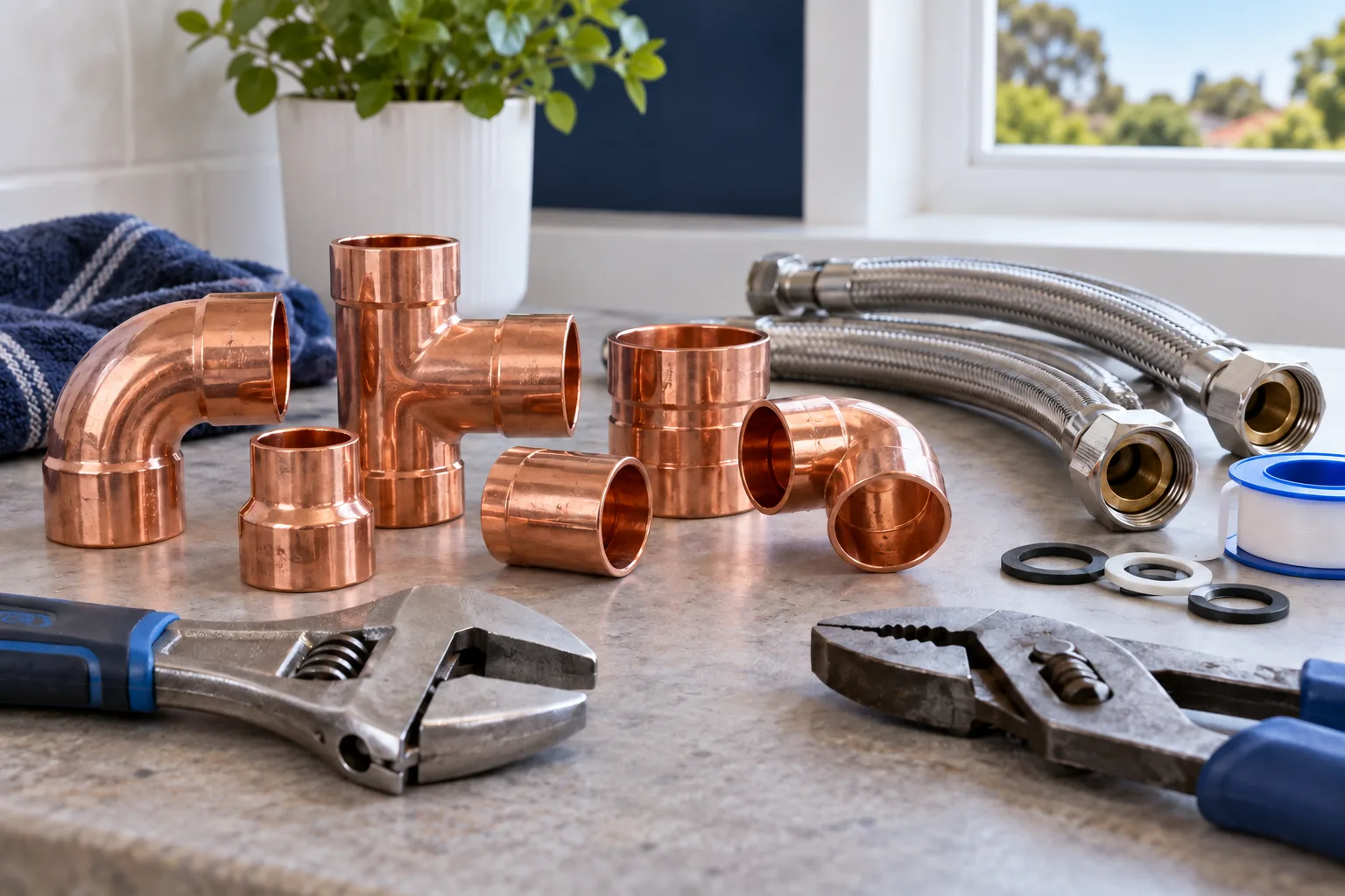 Illustrative plumbing tools and pipe fittings arranged for residential maintenance