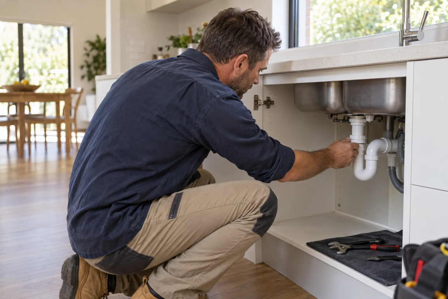 Illustrative tradesperson inspecting pipework beneath a modern kitchen sink